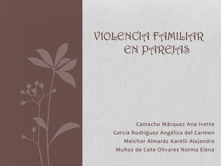 VIOLENCIA FAMILIAR
     EN PAREJAS




           Camacho Márquez Ana Ivette
   García Rodríguez Angélica del Carmen
      Melchor Almaráz Karelli Alejandra
   Muñoz de Cote Olivares Norma Elena
 