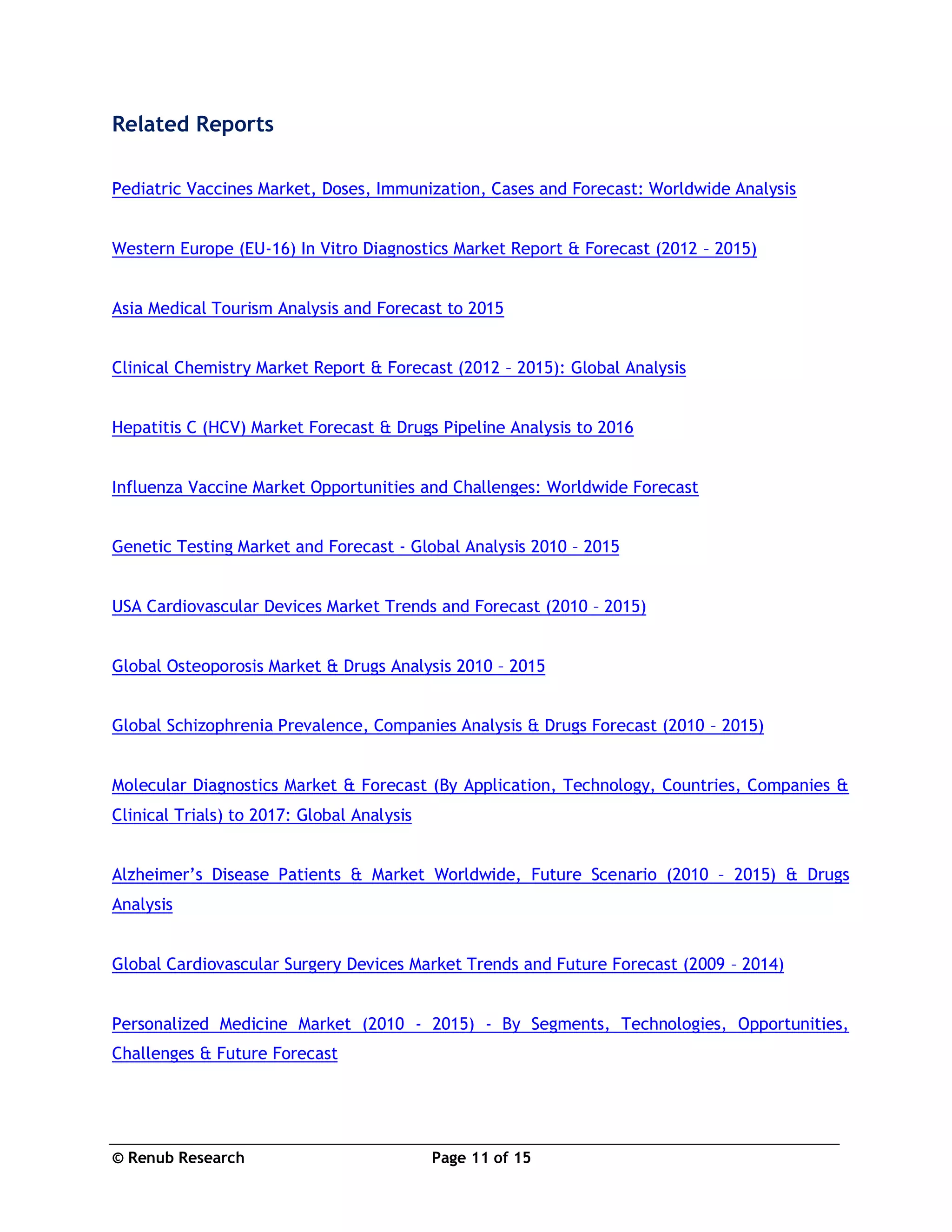 © Renub Research Page 11 of 15
Related Reports
Pediatric Vaccines Market, Doses, Immunization, Cases and Forecast: Worldwide Analysis
Western Europe (EU-16) In Vitro Diagnostics Market Report & Forecast (2012 – 2015)
Asia Medical Tourism Analysis and Forecast to 2015
Clinical Chemistry Market Report & Forecast (2012 – 2015): Global Analysis
Hepatitis C (HCV) Market Forecast & Drugs Pipeline Analysis to 2016
Influenza Vaccine Market Opportunities and Challenges: Worldwide Forecast
Genetic Testing Market and Forecast - Global Analysis 2010 – 2015
USA Cardiovascular Devices Market Trends and Forecast (2010 – 2015)
Global Osteoporosis Market & Drugs Analysis 2010 – 2015
Global Schizophrenia Prevalence, Companies Analysis & Drugs Forecast (2010 – 2015)
Molecular Diagnostics Market & Forecast (By Application, Technology, Countries, Companies &
Clinical Trials) to 2017: Global Analysis
Alzheimer’s Disease Patients & Market Worldwide, Future Scenario (2010 – 2015) & Drugs
Analysis
Global Cardiovascular Surgery Devices Market Trends and Future Forecast (2009 – 2014)
Personalized Medicine Market (2010 - 2015) - By Segments, Technologies, Opportunities,
Challenges & Future Forecast
 
