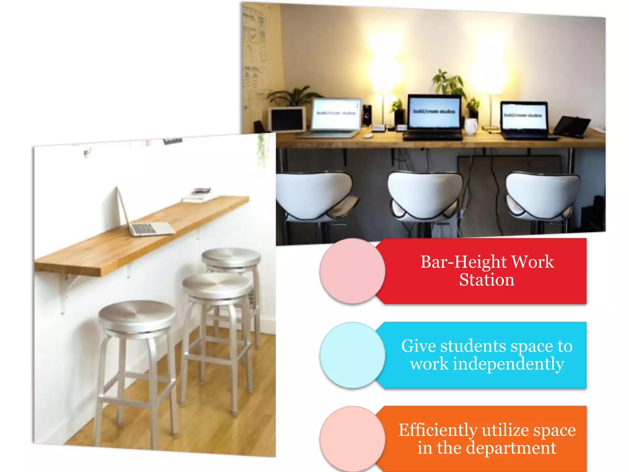 Bar-Height Work
Station
Give students space to
work independently
Efficiently utilize space
in the department
 