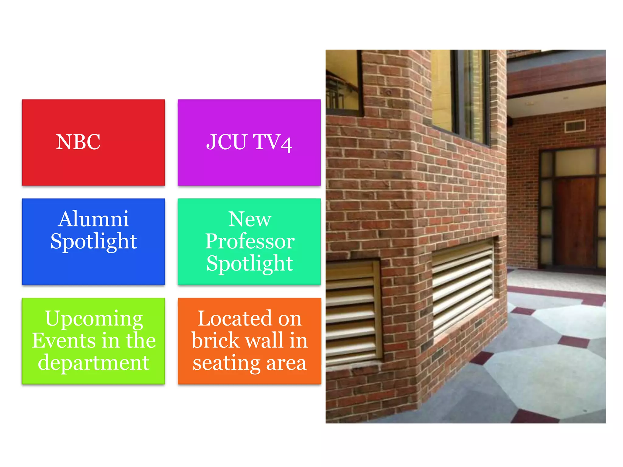 NBC JCU TV4
Alumni
Spotlight
New
Professor
Spotlight
Upcoming
Events in the
department
Located on
brick wall in
seating area
 