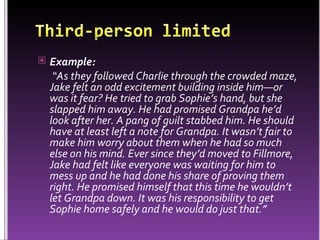 Example:   “ As they followed Charlie through the crowded maze, Jake felt an odd excitement building inside him—or was it fear? He tried to grab Sophie’s hand, but she slapped him away. He had promised Grandpa he’d look after her. A pang of guilt stabbed him. He should have at least left a note for Grandpa. It wasn’t fair to make him worry about them when he had so much else on his mind. Ever since they’d moved to Fillmore, Jake had felt like everyone was waiting for him to mess up and he had done his share of proving them right. He promised himself that this time he wouldn’t let Grandpa down. It was his responsibility to get Sophie home safely and he would do just that.” 