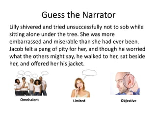 Guess the NarratorLilly shivered and tried unsuccessfully not to sob while sitting alone under the tree. She was more embarrassed and miserable than she had ever been.  Jacob felt a pang of pity for her, and though he worried what the others might say, he walked to her, sat beside her, and offered her his jacket. OmniscientObjectiveLimited