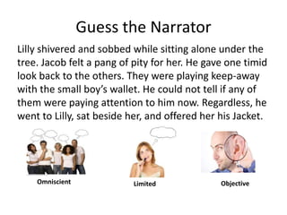 Guess the NarratorLilly shivered and sobbed while sitting alone under the tree. Jacob felt a pang of pity for her. He gave one timid look back to the others. They were playing keep-away with the small boy’s wallet. He could not tell if any of them were paying attention to him now. Regardless, he went to Lilly, sat beside her, and offered her his Jacket. OmniscientObjectiveLimited
