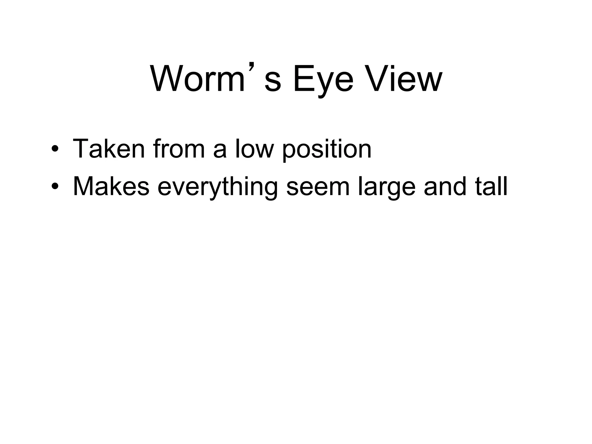 Worm s Eye View
•  Taken from a low position
•  Makes everything seem large and tall
 