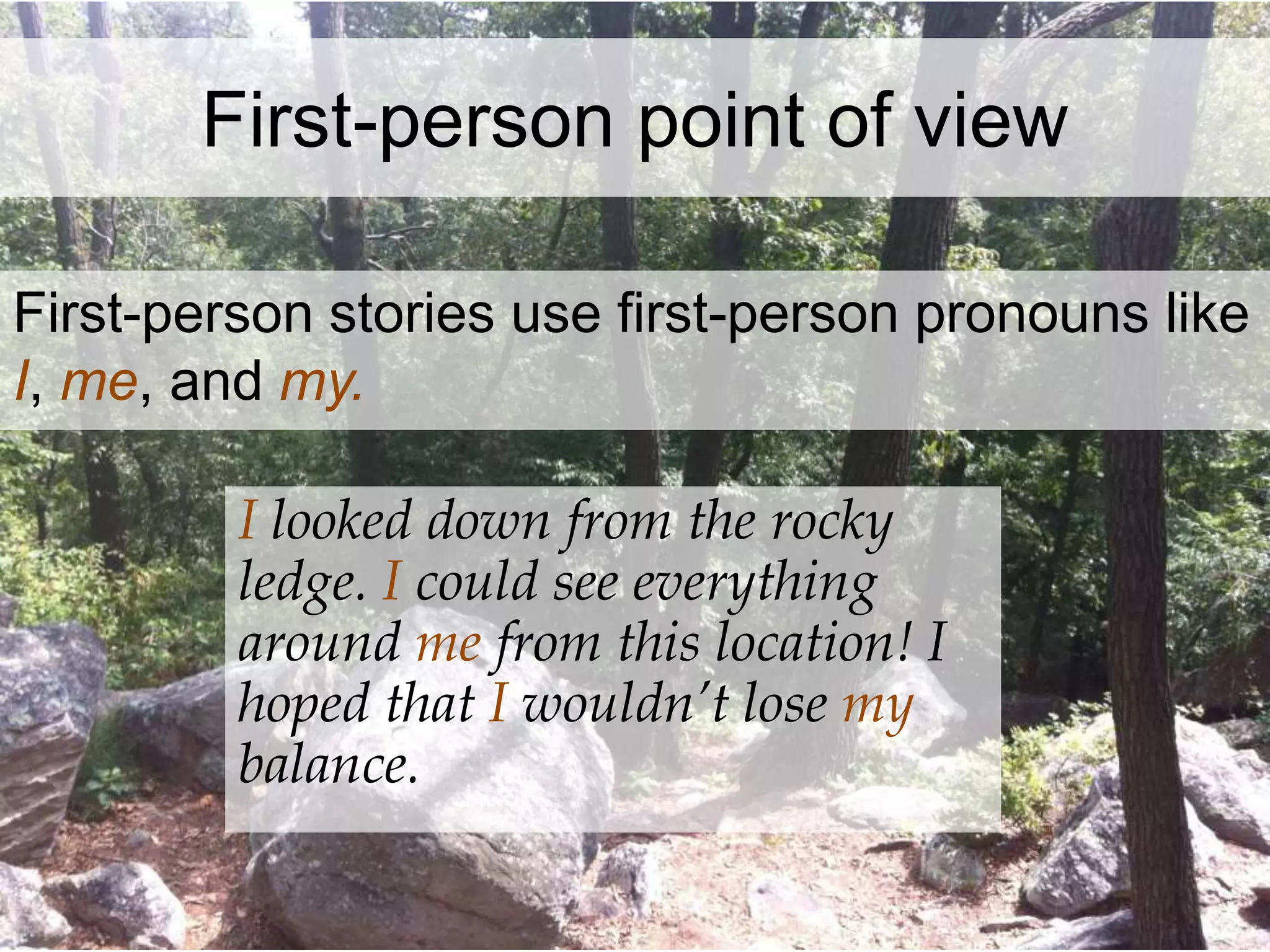 First-person point of view 
First-person stories use first-person pronouns like 
I, me, and my. 
I looked down from the rocky 
ledge. I could see everything 
around me from this location! I 
hoped that I wouldn’t lose my 
balance. 
 