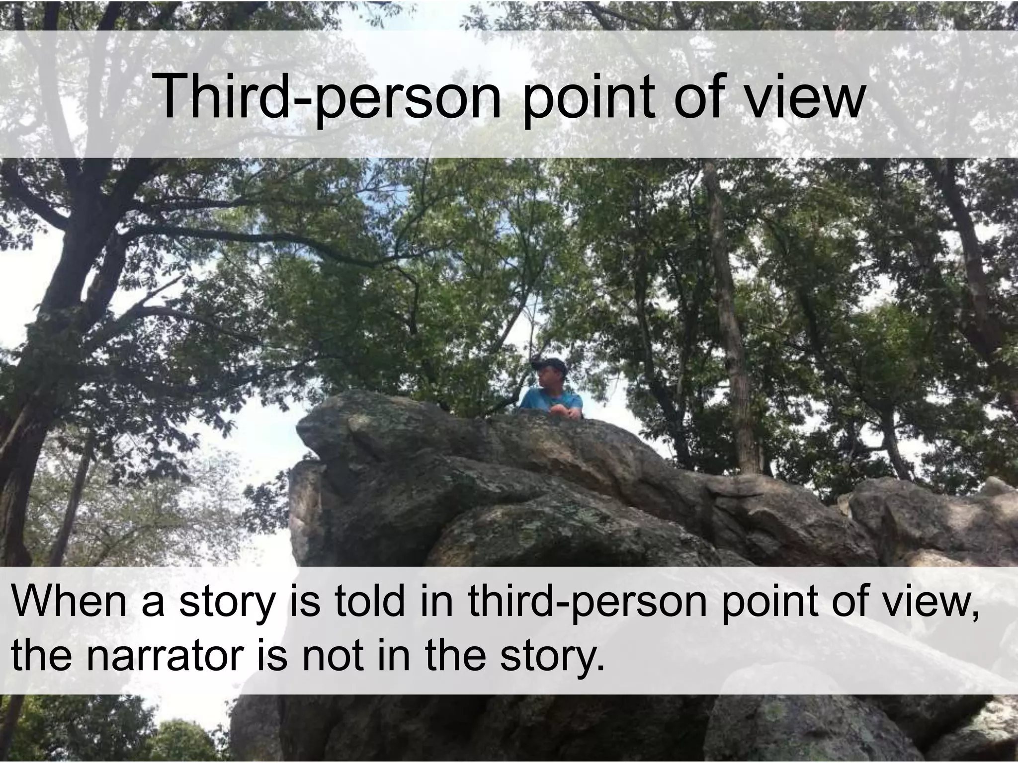 Third-person point of view 
When a story is told in third-person point of view, 
the narrator is not in the story. 
 