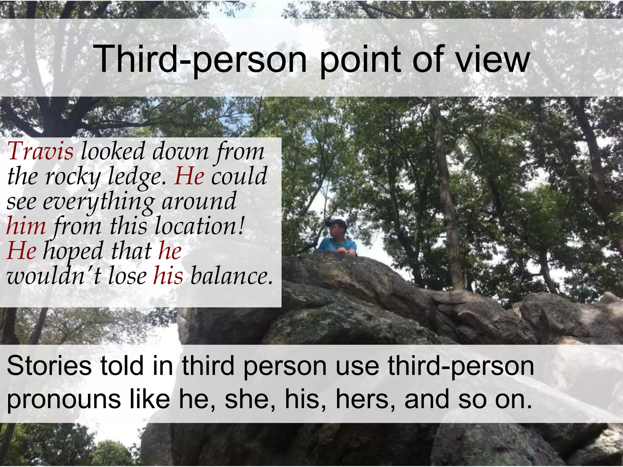 Third-person point of view 
Travis looked down from 
the rocky ledge. He could 
see everything around 
him from this location! 
He hoped that he 
wouldn’t lose his balance. 
Stories told in third person use third-person 
pronouns like he, she, his, hers, and so on. 
 