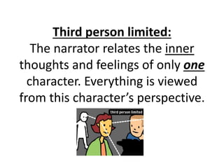 Third person limited:
The narrator relates the inner
thoughts and feelings of only one
character. Everything is viewed
from this character’s perspective.
 