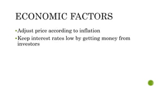 Adjust price according to inflation
Keep interest rates low by getting money from
investors
 