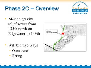 Phase 2C – Overview 24-inch gravity relief sewer from 135th north on Edgewater to 149th  Will bid two ways Open trench Boring 