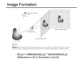 Image Formation f(x,y) = reflectance(x,y) * illumination(x,y) Reflectance in [0,1], illumination in [0,inf] 