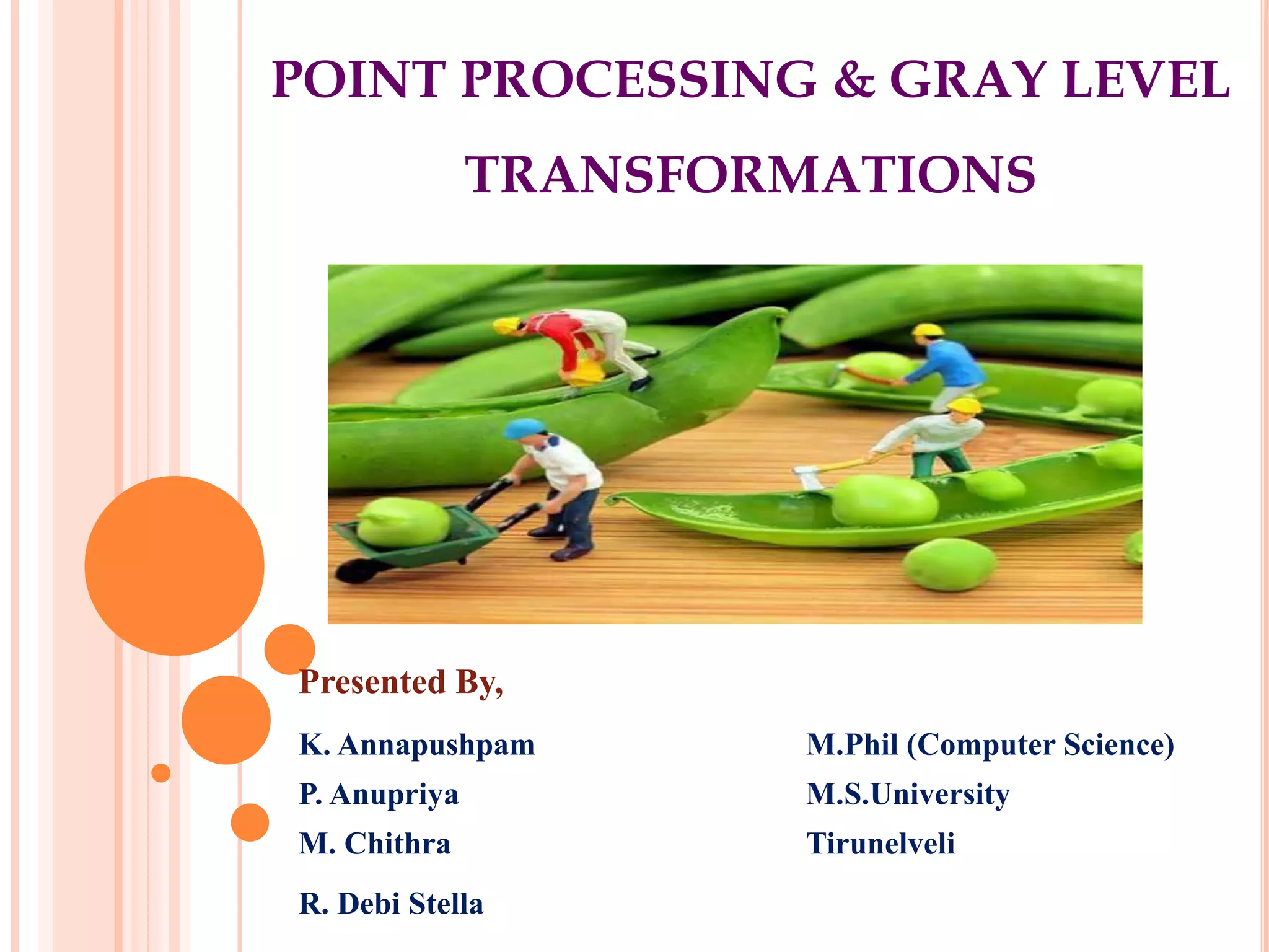 POINT PROCESSING & GRAY LEVEL
TRANSFORMATIONS
Presented By,
K. Annapushpam M.Phil (Computer Science)
P. Anupriya M.S.University
M. Chithra Tirunelveli
R. Debi Stella
 
