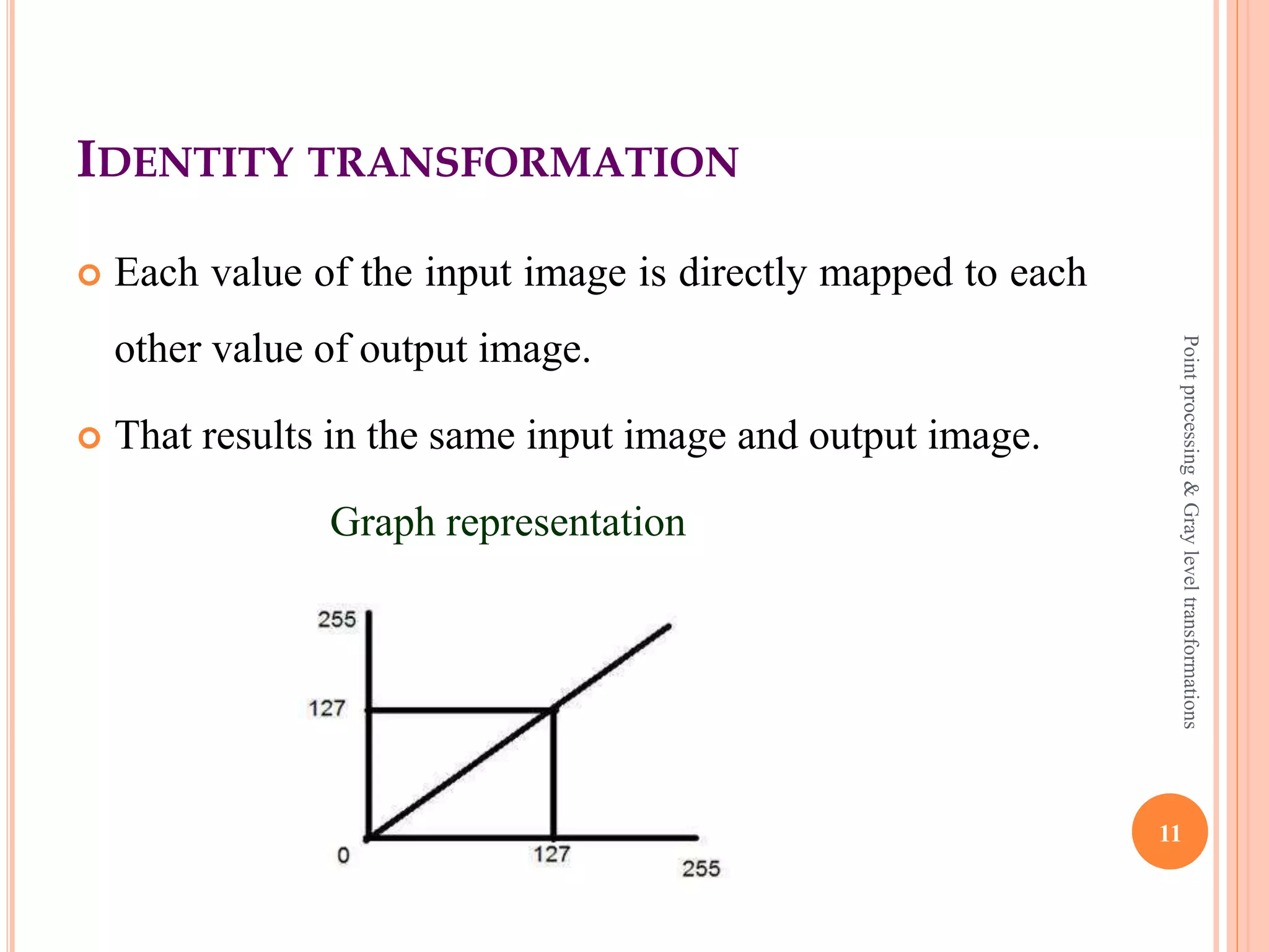 NEGATIVE TRANSFORMATION EXAMPLE
Graph representation
Input image Output image
11
Pointprocessing&Grayleveltransformations
 
