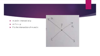  m and n intersect at p
 m ∩ n = p
 P is the intersection of m and n
 