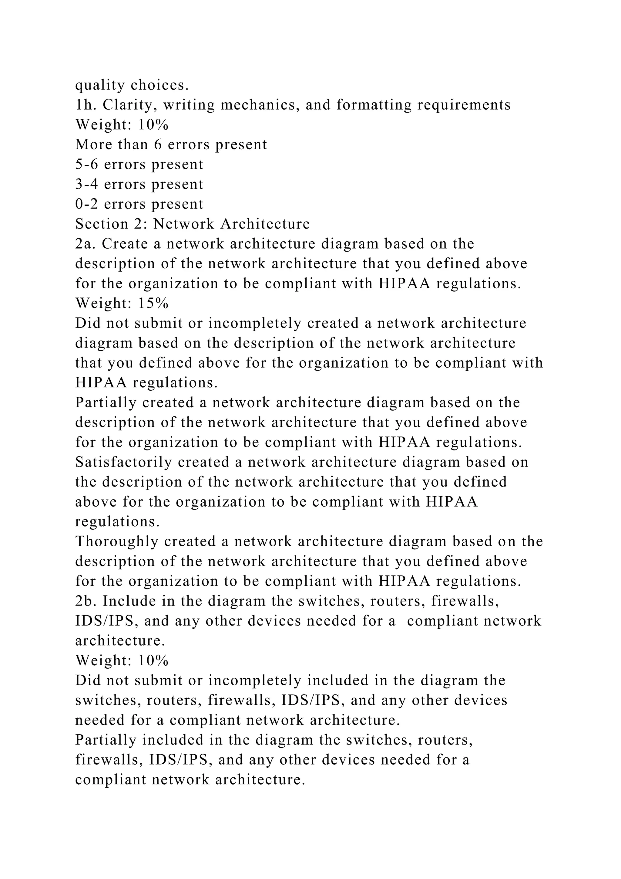 quality choices.
1h. Clarity, writing mechanics, and formatting requirements
Weight: 10%
More than 6 errors present
5-6 errors present
3-4 errors present
0-2 errors present
Section 2: Network Architecture
2a. Create a network architecture diagram based on the
description of the network architecture that you defined above
for the organization to be compliant with HIPAA regulations.
Weight: 15%
Did not submit or incompletely created a network architecture
diagram based on the description of the network architecture
that you defined above for the organization to be compliant with
HIPAA regulations.
Partially created a network architecture diagram based on the
description of the network architecture that you defined above
for the organization to be compliant with HIPAA regulations.
Satisfactorily created a network architecture diagram based on
the description of the network architecture that you defined
above for the organization to be compliant with HIPAA
regulations.
Thoroughly created a network architecture diagram based on the
description of the network architecture that you defined above
for the organization to be compliant with HIPAA regulations.
2b. Include in the diagram the switches, routers, firewalls,
IDS/IPS, and any other devices needed for a compliant network
architecture.
Weight: 10%
Did not submit or incompletely included in the diagram the
switches, routers, firewalls, IDS/IPS, and any other devices
needed for a compliant network architecture.
Partially included in the diagram the switches, routers,
firewalls, IDS/IPS, and any other devices needed for a
compliant network architecture.
 