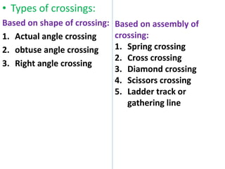 • Types of crossings:
Based on shape of crossing:
1. Actual angle crossing
2. obtuse angle crossing
3. Right angle crossing
Based on assembly of
crossing:
1. Spring crossing
2. Cross crossing
3. Diamond crossing
4. Scissors crossing
5. Ladder track or
gathering line
 