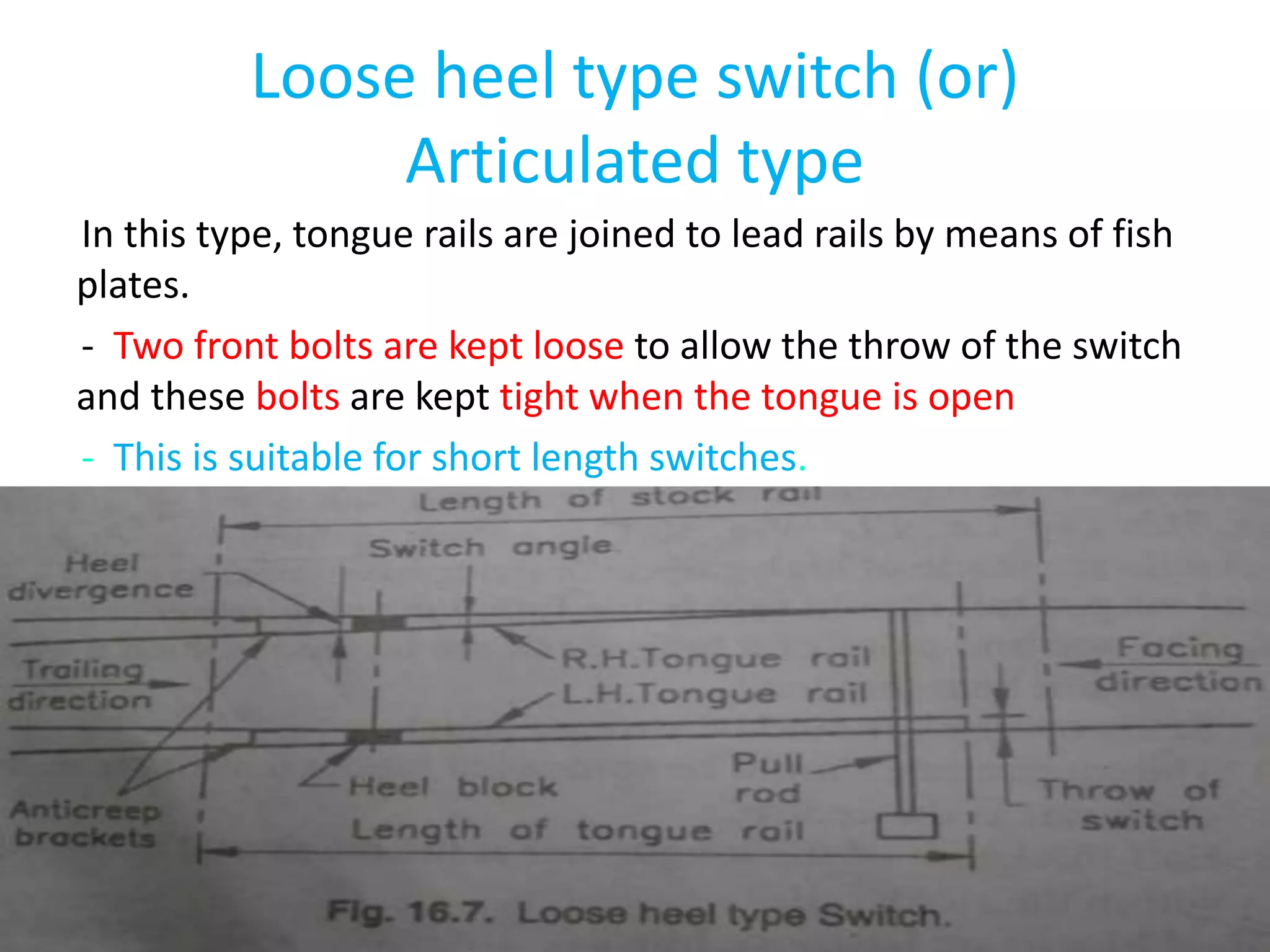 Loose heel type switch (or)
Articulated type
In this type, tongue rails are joined to lead rails by means of fish
plates.
- Two front bolts are kept loose to allow the throw of the switch
and these bolts are kept tight when the tongue is open
- This is suitable for short length switches.
 