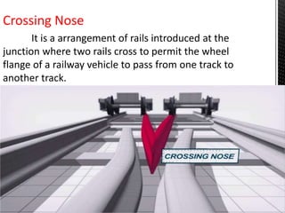 Crossing Nose
It is a arrangement of rails introduced at the
junction where two rails cross to permit the wheel
flange of a railway vehicle to pass from one track to
another track.
 