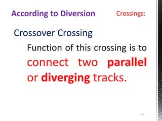 Crossings:
Crossover Crossing
Function of this crossing is to
connect two parallel
or diverging tracks.
According to Diversion
62
 