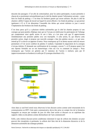 Méthodologie de collecte des données en Français sur Objectif Spécifique │ 11
Points Communs - Recherche en didactique des langues sur objectif(s) spécifique(s), N° 2 │ 04-2015
descente des passagers. C’est afin de contextualiser, pour les autres participants, et pour permettre à
chacun de se positionner actionnellement que le chef de chantier ajoute l’information suivante : « pour
faire les fonds de parking ». C’est donc les bordures granits qui seront utilisées. De plus le chef de
chantier a défini l’espace de travail sur lequel ils seront affectés « les fonds de parking » ce qui permet
également à I2 et I3 de déterminer l’ensemble des tâches qui seront réalisées ce jour à savoir
l’implantation des bordures des fonds de parking.
C’est donc parce qu’il y a plusieurs réalités actionnelles que le chef de chantier propose ici une
consigne qui peut paraître elliptique mais qui ne l’est pas en réalité pour les participants de l’échange
qui comprennent ainsi quelle action ils ont à faire, et c’est pour cela que I3 approvisionne
immédiatement une première palette avec son tractopelle. A cette action, I2, qui observe cette
première action, réagit et propose une nouvelle consigne « faut des palettes encore », ce qui sous-
entend qu’I3 va devoir en apporter d’autres. Nous remarquons qu’il ne donne aucune unité de mesure
permettant à I3 de savoir combien de palettes il souhaite. Cependant la négociation de la consigne
n’est pas réalisée, I3 demande une confirmation de la consigne « encore ? » et I2 propose quant à lui
une réponse formulée sur un ton humoristique « ben oui t’as vu comment on astique ». Nous
remarquons que l’action est générée par I1 (annonce de l’action à réaliser), puis par I3
(approvisionnement en bordures) et enfin par I2 (consigne distribuée à I3).
Ainsi dans ce seul bref extrait nous observons le lien discours action comme unité structurante de la
communication en BTP. Cette paire communicative devra être prise en compte lors de la formation
langagière au moyen par exemple de jeux de rôles liant action et discours ou en exploitant des
supports vidéos ou des photos comme déclencheurs de l’acte communicatif.
Enfin, cette relation discours-action conditionne clairement le type de collecte des données car pour
pouvoir être réexploitée et pertinente, la collecte doit faire état de la dimension discursive et de la
dimension actionnelle des échanges produits.
 