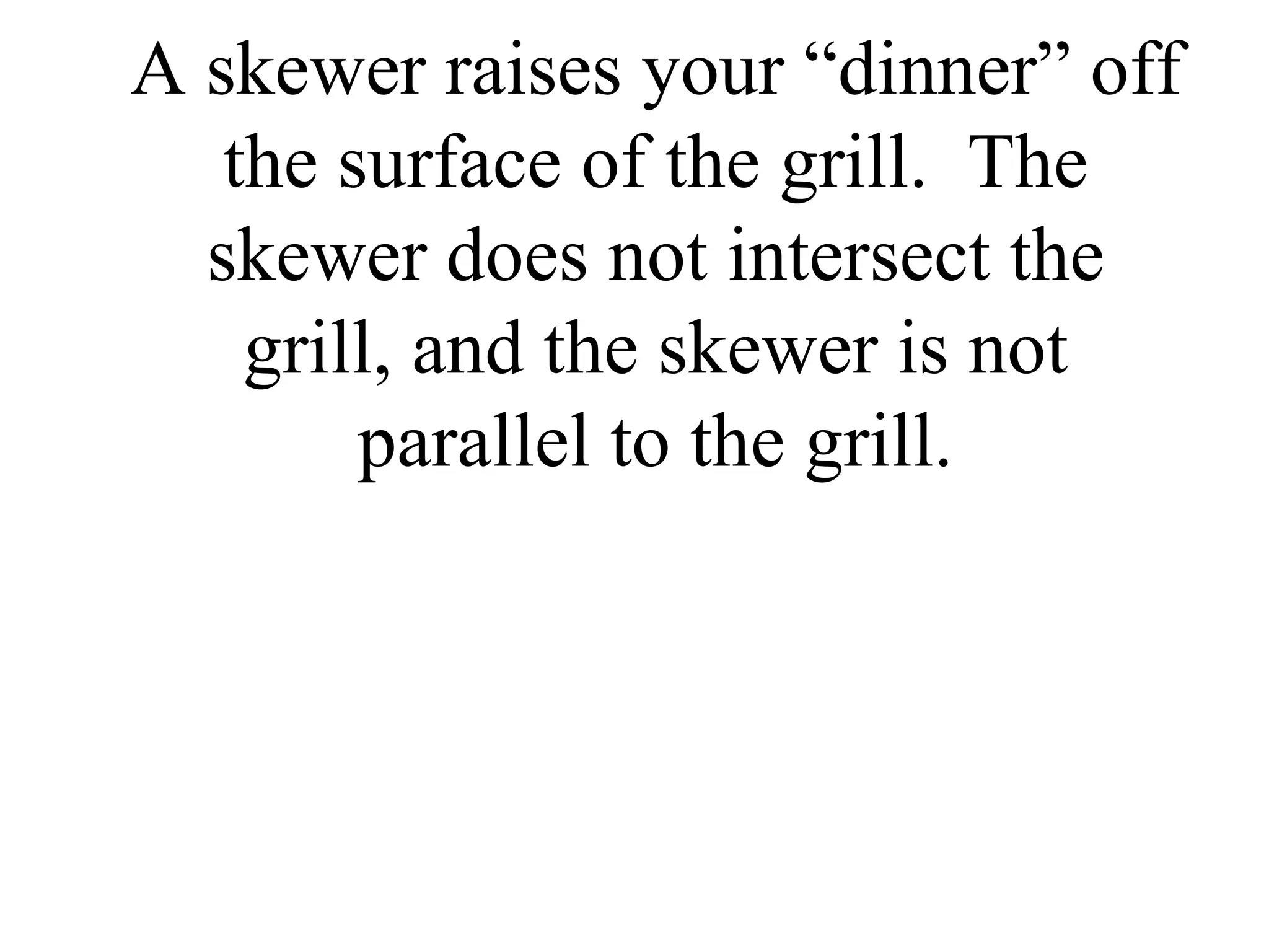 A skewer raises your “dinner” off the surface of the grill.  The skewer does not intersect the grill, and the skewer is not parallel to the grill. 