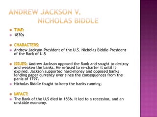    1830s


   Andrew Jackson-President of the U.S. Nicholas Biddle-President
    of the Back of U.S

            Andrew Jackson opposed the Bank and sought to destroy
    and weaken the banks. He refused to re-charter it until it
    expired. Jackson supported hard-money and opposed banks
    lending paper currency ever since the consequences from the
    panic of 1797.
   Nicholas Biddle fought to keep the banks running.


   The Bank of the U.S died in 1836. it led to a recession, and an
    unstable economy.
 