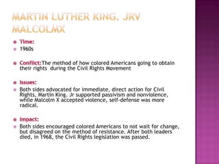    1960s

              The method of how colored Americans going to obtain
    their rights during the Civil Rights Movement


   Both sides advocated for immediate, direct action for Civil
    Rights, Martin King. Jr supported passivism and nonviolence,
    while Malcolm X accepted violence, self-defense was more
    radical.


   Both sides encouraged colored Americans to not wait for change,
    but disagreed on the method of resistance. After both leaders
    died, in 1968, the Civil Rights legislation was passed.
 