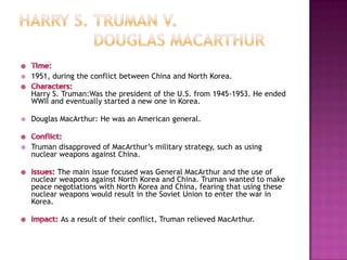    1951, during the conflict between China and North Korea.

    Harry S. Truman:Was the president of the U.S. from 1945-1953. He ended
    WWII and eventually started a new one in Korea.

   Douglas MacArthur: He was an American general.


   Truman disapproved of MacArthur’s military strategy, such as using
    nuclear weapons against China.

           The main issue focused was General MacArthur and the use of
    nuclear weapons against North Korea and China. Truman wanted to make
    peace negotiations with North Korea and China, fearing that using these
    nuclear weapons would result in the Soviet Union to enter the war in
    Korea.

            As a result of their conflict, Truman relieved MacArthur.
 