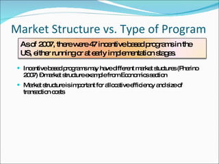 Market Structure vs. Type of Program Incentive based programs may have different market stuctures (Pharino 2007) – market structure example from Economics section Market structure is important for allocative efficiency and size of transaction costs As of 2007, there were 47 incentive based programs in the US, either running or at early implementation stages.  