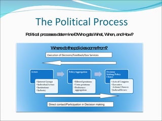 Political processes determine – Who gets What, When, and How?  Where do the policies come from?  Direct contact/Participation in Decision making Execution of Decisions/Feedback/Gov Services  