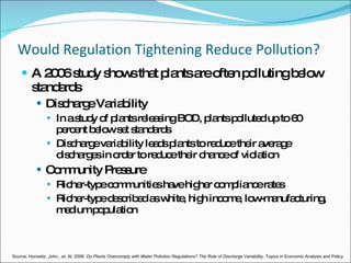 Would Regulation Tightening Reduce Pollution? A 2006 study shows that plants are often polluting below standards Discharge Variability In a study of plants releasing BOD, plants polluted up to 60 percent below set standards Discharge variability leads plants to reduce their average discharges in order to reduce their chance of violation Community Pressure Richer-type communities have higher compliance rates Richer-type described as white, high income, low-manufacturing, medium population Source: Horowitz, John., et. Al. 2006.  Do Plants Overcomply with Water Pollution Regulations? The Role of Discharge  Variability. Topics in Economic Analysis and Policy 