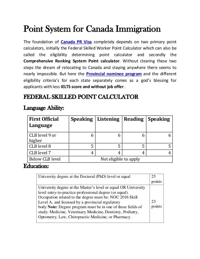 Point System For Canada Immigration