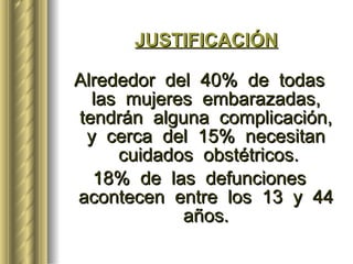 JUSTIFICACIÓN Alrededor  del  40%  de  todas  las  mujeres  embarazadas,  tendrán  alguna  complicación,  y  cerca  del  15%  necesitan  cuidados  obstétricos. 18%  de  las  defunciones  acontecen  entre  los  13  y  44  años.  