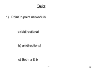 Quiz

1) Point to point network is



        a) bidirectional



        b) unidirectional



        c) Both a & b

                               *   17
 