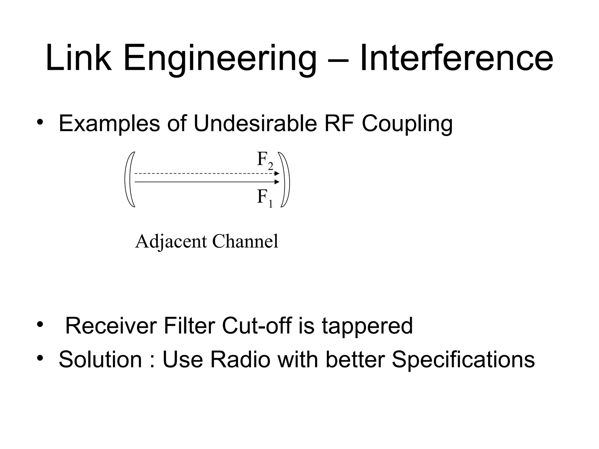 Link Engineering – Interference Examples of Undesirable RF Coupling Receiver Filter Cut-off is tappered Solution : Use Radio with better Specifications F 2 Adjacent Channel F 1 