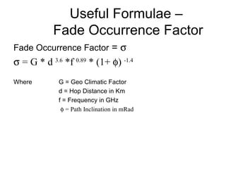 Useful Formulae –  Fade Occurrence Factor <ul><li>Fade Occurrence Factor  =   </li></ul><ul><li>   = G * d  3.6  *f  0.8...