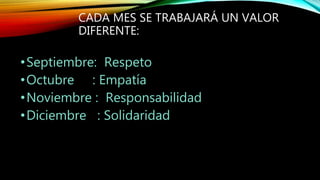 CADA MES SE TRABAJARÁ UN VALOR
DIFERENTE:
•Septiembre: Respeto
•Octubre : Empatía
•Noviembre : Responsabilidad
•Diciembre : Solidaridad
 