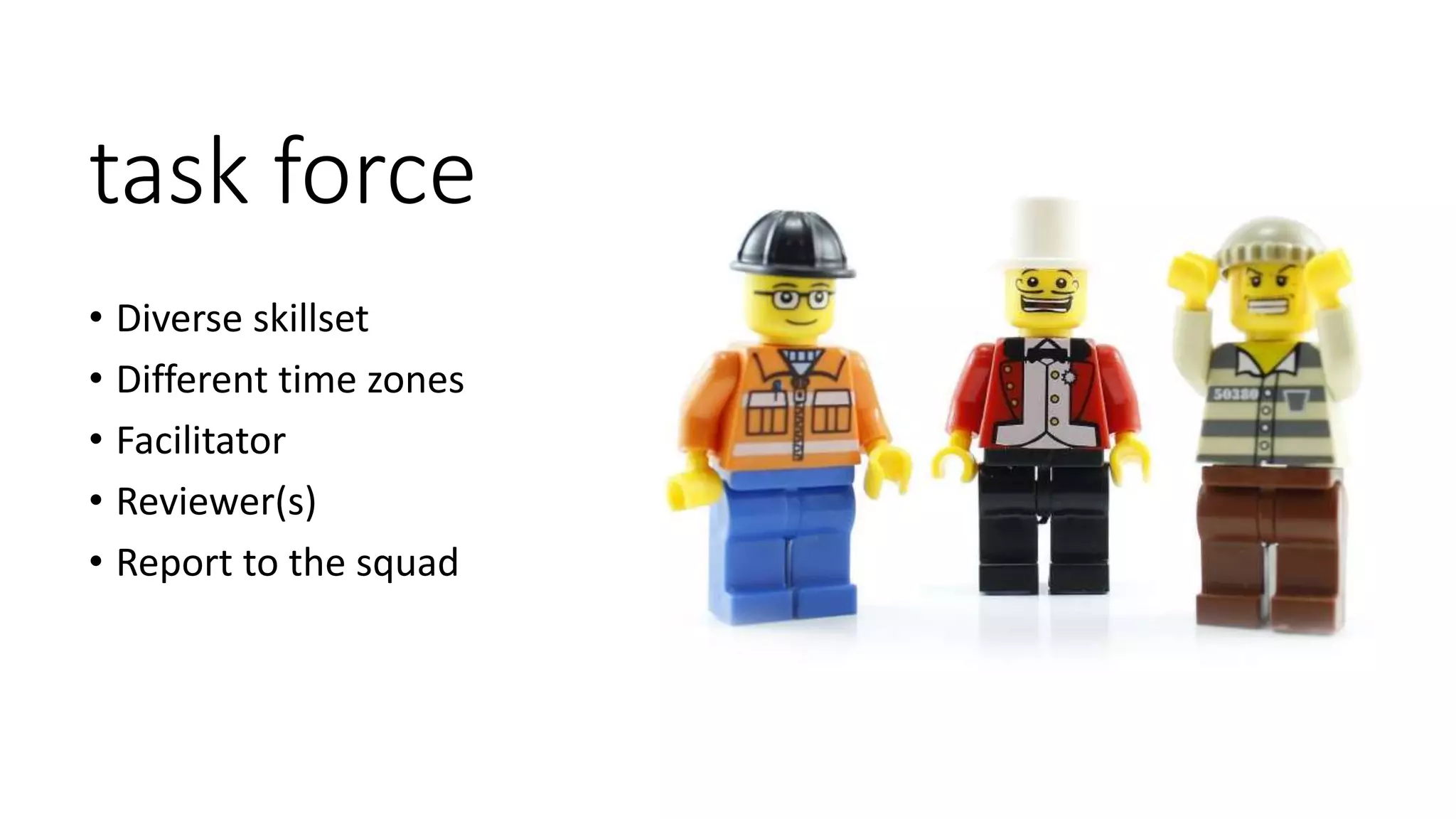 task force
• Diverse skillset
• Different time zones
• Facilitator
• Reviewer(s)
• Report to the squad
 
