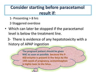 Consider starting before paracetamol
result if:
1- Presenting > 8 hrs
2-Staggered overdose
• Which can later be stopped if the paracetamol
level is below the treatment line.
3- There is evidence of any hepatotoxicity with a
history of APAP ingestion
The pregnant patient should be given
NAC as soon as possible because the P-
450 enzyme is present in the fetus by the
14th week of pregnancy, acetaminophen
is highly toxic to the fetus.
 