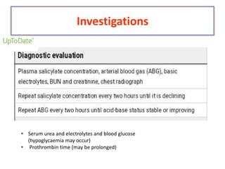 Investigations
• Serum urea and electrolytes and blood glucose
(hypoglycaemia may occur)
• Prothrombin time (may be prolonged)
 