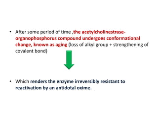 • After some period of time ,the acetylcholinestrase-
organophosphorus compound undergoes conformational
change, known as aging (loss of alkyl group + strengthening of
covalent bond)
• Which renders the enzyme irreversibly resistant to
reactivation by an antidotal oxime.
 
