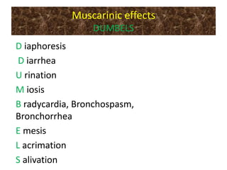 Muscarinic effects
DUMBELS
D iaphoresis
D iarrhea
U rination
M iosis
B radycardia, Bronchospasm,
Bronchorrhea
E mesis
L acrimation
S alivation
 
