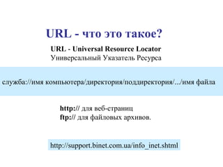 URL - что это такое? URL  -  Universal Resource Locator  Универсальный Указатель Ресурса служба://имя компьютера/директория/поддиректория/.../имя файла  http://support.binet.com.ua/info_inet.shtml http://  для веб-страниц  ftp://  для файловых архивов. 