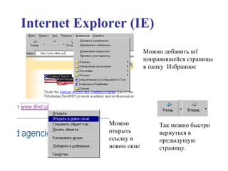 Internet Explorer (IE)   Можно добавить  url  понравившейся страницы в папку  Избранное Так можно быстро вернуться в предыдущую страницу. Можно открыть ссылку в новом окне 