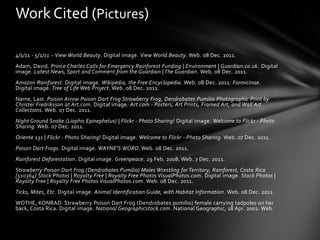 Work Cited (Pictures)

4/1/11 - 5/1/11 ~ View World Beauty. Digital image. View World Beauty. Web. 08 Dec. 2011.
Adam, David. Prince Charles Calls for Emergency Rainforest Funding | Environment | Guardian.co.uk . Digital
image. Latest News, Sport and Comment from the Guardian | The Guardian. Web. 08 Dec. 2011.
Amazon Rainforest. Digital image. Wikipedia, the Free Encyclopedia. Web. 08 Dec. 2011. Formicinae.
Digital image. Tree of Life Web Project. Web. 08 Dec. 2011.
Name, Last. Poison Arrow Poison Dart Frog Strawberry Frog, Dendrobates Pumilio Photographic Print by
Christer Fredriksson at Art.com. Digital image. Art.com - Posters, Art Prints, Framed Art, and Wall Art
Collections. Web. 07 Dec. 2011.
Night Ground Snake (Liophis Epinephelus) | Flickr - Photo Sharing! Digital image. Welcome to Flickr - Photo
Sharing. Web. 07 Dec. 2011.
Oriente 131 | Flickr - Photo Sharing! Digital image. Welcome to Flickr - Photo Sharing. Web. 07 Dec. 2011
Poison Dart Frogs. Digital image. WAYNE'S WORD. Web. 08 Dec. 2011.
Rainforest Deforestation. Digital image. Greenpeace. 29 Feb. 2008. Web. 7 Dec. 2011.
Strawberry Poison Dart Frog (Dendrobates Pumilio) Males Wrestling for Territory, Rainforest, Costa Rica
[510364] Stock Photos | Royalty Free | Royalty Free Photos VisualPhotos.com. Digital image. Stock Photos |
Royalty Free | Royalty Free Photos VisualPhotos.com. Web. 08 Dec. 2011.
Ticks, Mites, Etc. Digital image. Animal Identification Guide, with Habitat Information. Web. 08 Dec. 2011.
WOTHE, KONRAD. Strawberry Poison Dart Frog (Dendrobates pumilio) female carrying tadpoles on her
back, Costa Rica. Digital image. National Geographicstock.com. National Geographic, 18 Apr. 2002. Web.
 