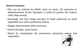 General measures
• Pain can be relieved by NSAID. Local ice packs, 2% xylocaine or
dehydroemetine locally. Diazepam is useful to quieten the restless
child, allays anxiety.
• Encourage oral fluid intake and give IV fluids judiciously to avoid
hypovolemia as well as pulmonary edema.
• Oxygen administration when necessary.
• Check vital signs, every hourly.
• Watch for complication like pneumonia, pulmonary edema and
myocarditis
 