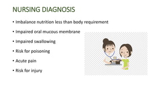 NURSING DIAGNOSIS
• Imbalance nutrition less than body requirement
• Impaired oral mucous membrane
• Impaired swallowing
• Risk for poisoning
• Acute pain
• Risk for injury
 
