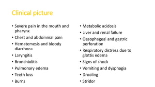 Clinical picture
• Severe pain in the mouth and
pharynx
• Chest and abdominal pain
• Hematemesis and bloody
diarrhoea
• Laryngitis
• Bronchiolitis
• Pulmonary edema
• Teeth loss
• Burns
• Metabolic acidosis
• Liver and renal failure
• Oesophageal and gastric
perforation
• Respiratory distress due to
glottis edema
• Signs of shock
• Vomiting and dysphagia
• Drooling
• Stridor
 