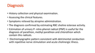 Diagnosis
• History collection and physical examination.
• Assessing the clinical features.
• Symptoms relieved by atropine administration.
• The diagnosis confirmed by estimating RBC choline esterase activity.
• Estimation of urinary P- nitro phenol radical (PNP) is useful for the
diagnosis of parathion, methyl parathion and chlorothion which
contain this radicals.
• Electromyographic pattern consistent with detrimental conduction
with repetitive nerve stimulation and acute cholinergic illness.
 