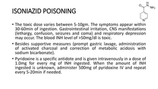 ISONIAZID POISONING
• The toxic dose varies between 5-10gm. The symptoms appear within
30-60min of ingestion. Gastrointestinal irritation, CNS manifestations
(lethargy, confusion, seizures and coma) and respiratory depression
may occur. The blood INH level of >50mg/dl is toxic.
• Besides supportive measures (prompt gastric lavage, administration
of activated charcoal and correction of metabolic acidosis with
sodium bicarbonate).
• Pyridoxine is a specific antidote and is given intravenously in a dose of
1.0mg for every mg of INH ingested. When the amount of INH
ingested is unknown, administer 500mg of pyridoxine IV and repeat
every 5-20min if needed.
 